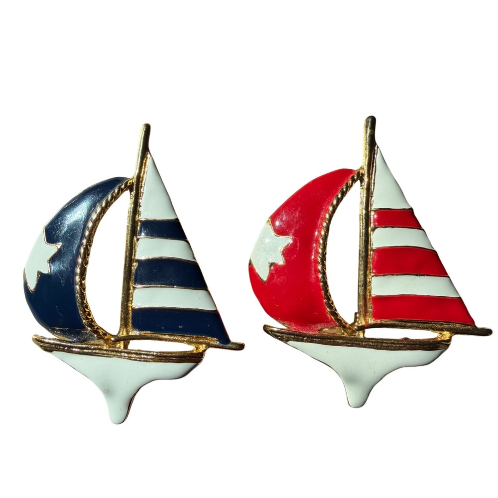 Nautical Sailboat Enamel Brooch Set‎ Red Navy Blue Gold Tone Yacht Pins 2pc
